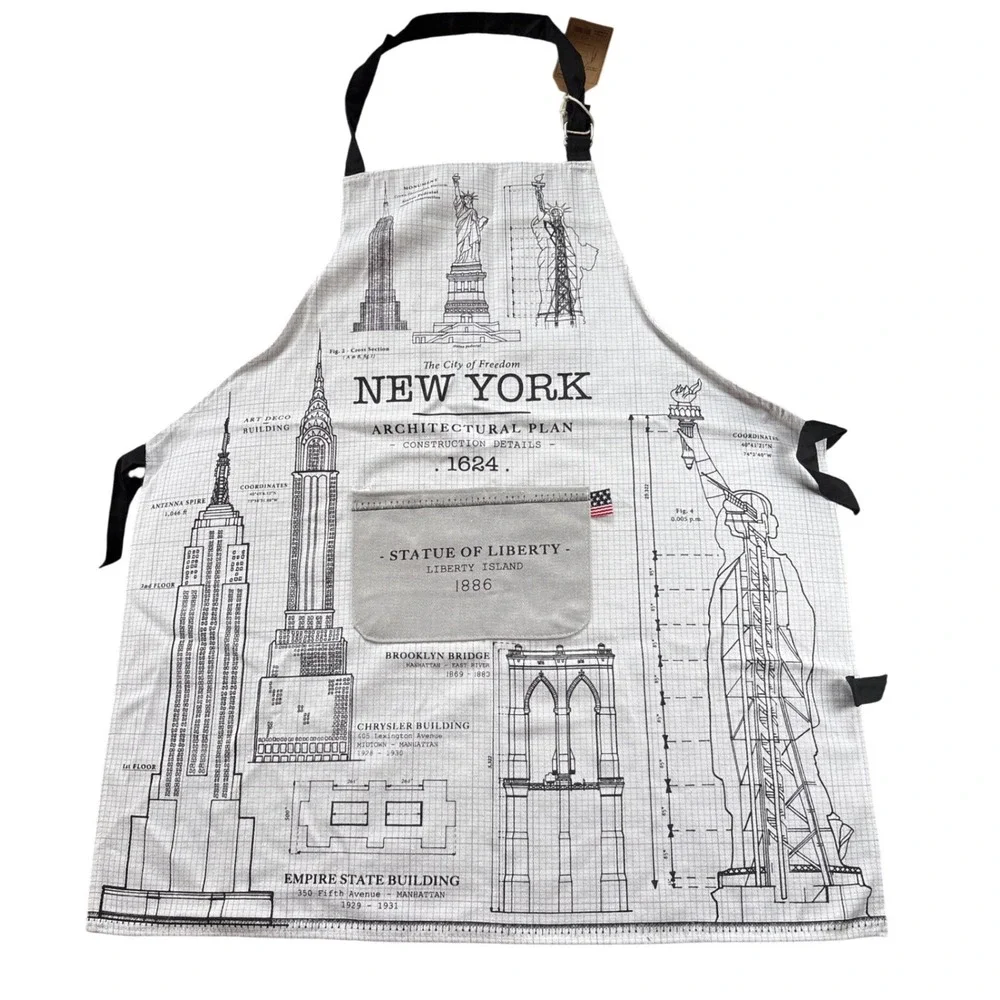Kitchen Chic New York Architectural Plan Apron NYC Blueprint‎ Canvas White Black